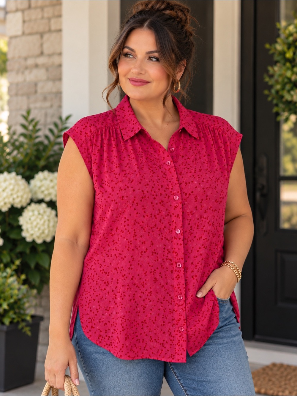 Penn by Penningtons Raspberry Dotted Blouse — Size X (1X)